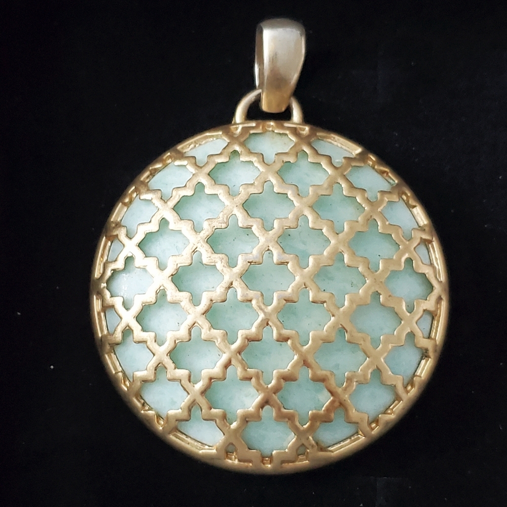KIAM FAMILY Large Matte Gold Lattice Pendant w/ 'Marrakesh' Amazonite Stone